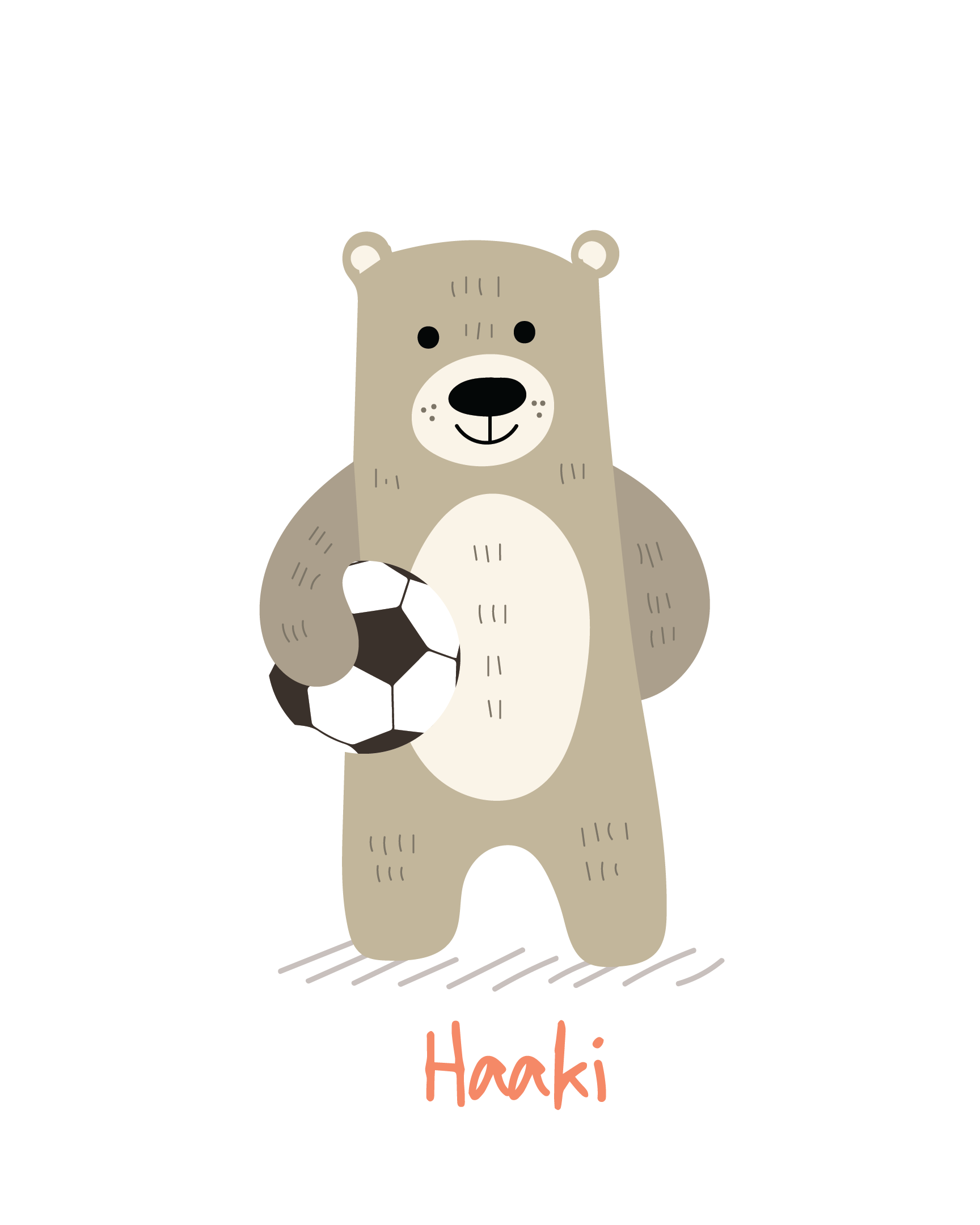 Haaki, the De Kinder Club brown bear, holding a football