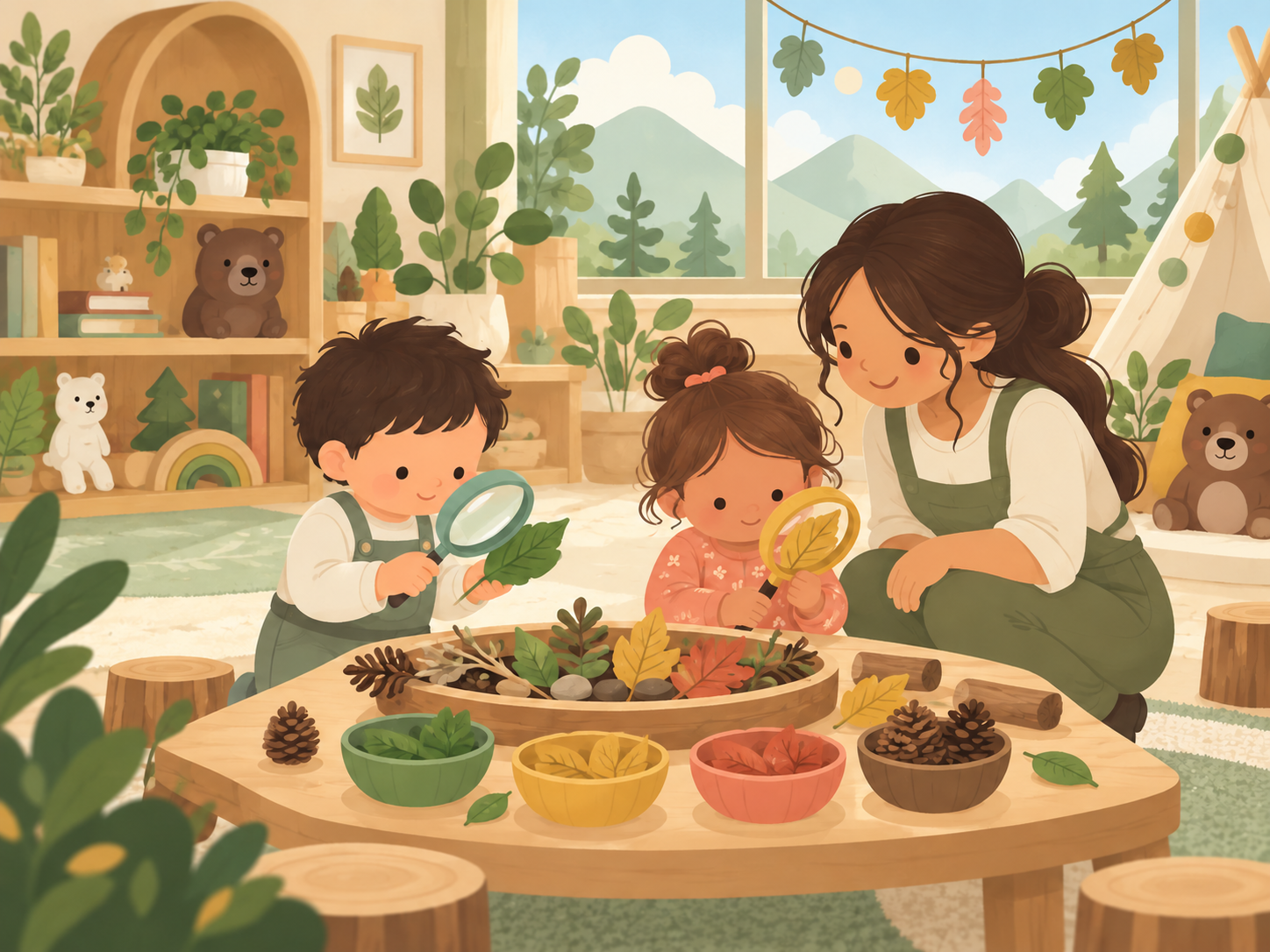 Toddlers and their teacher exploring leaves and natural materials with magnifiers