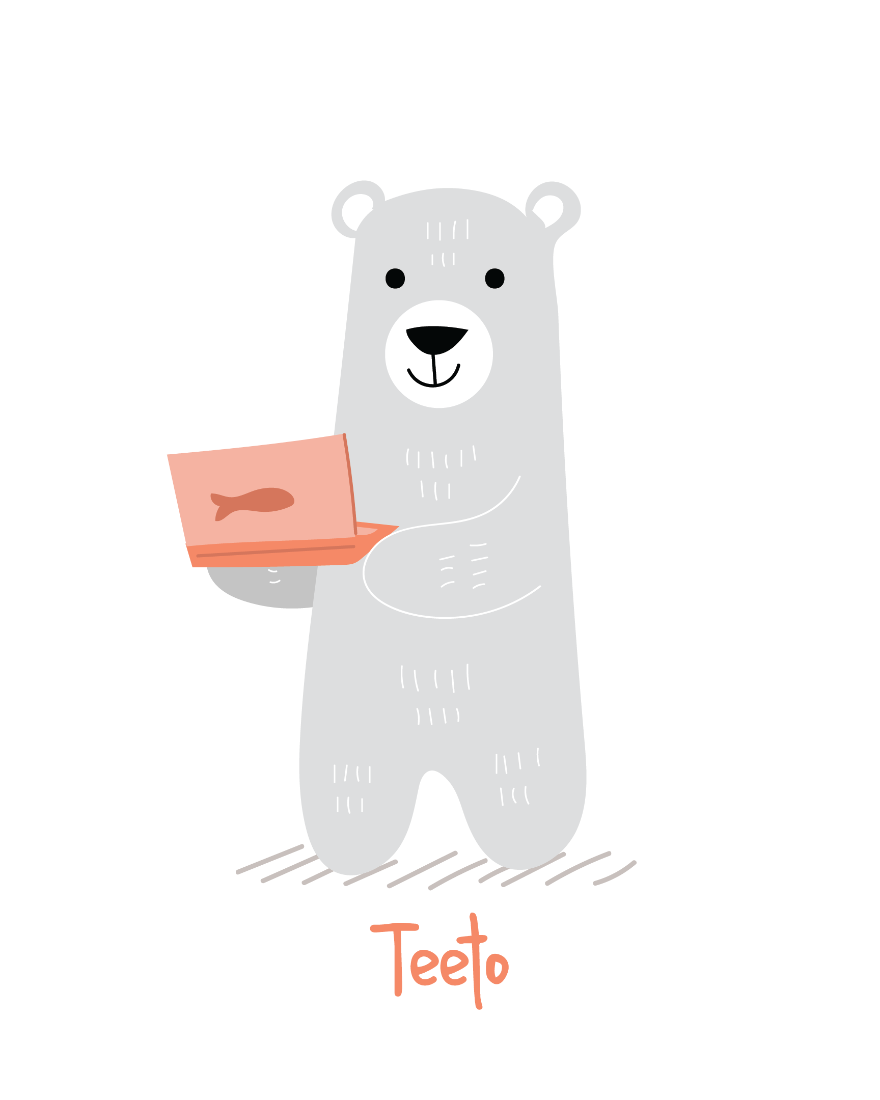 Teeto, the De Kinder Club polar bear, holding a coral laptop