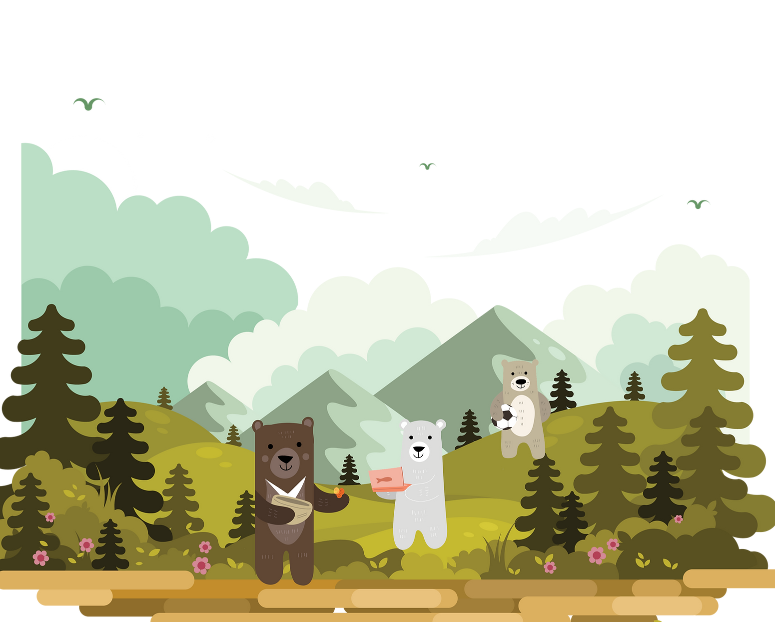 Three friendly De Kinder Club bears exploring a woodland landscape